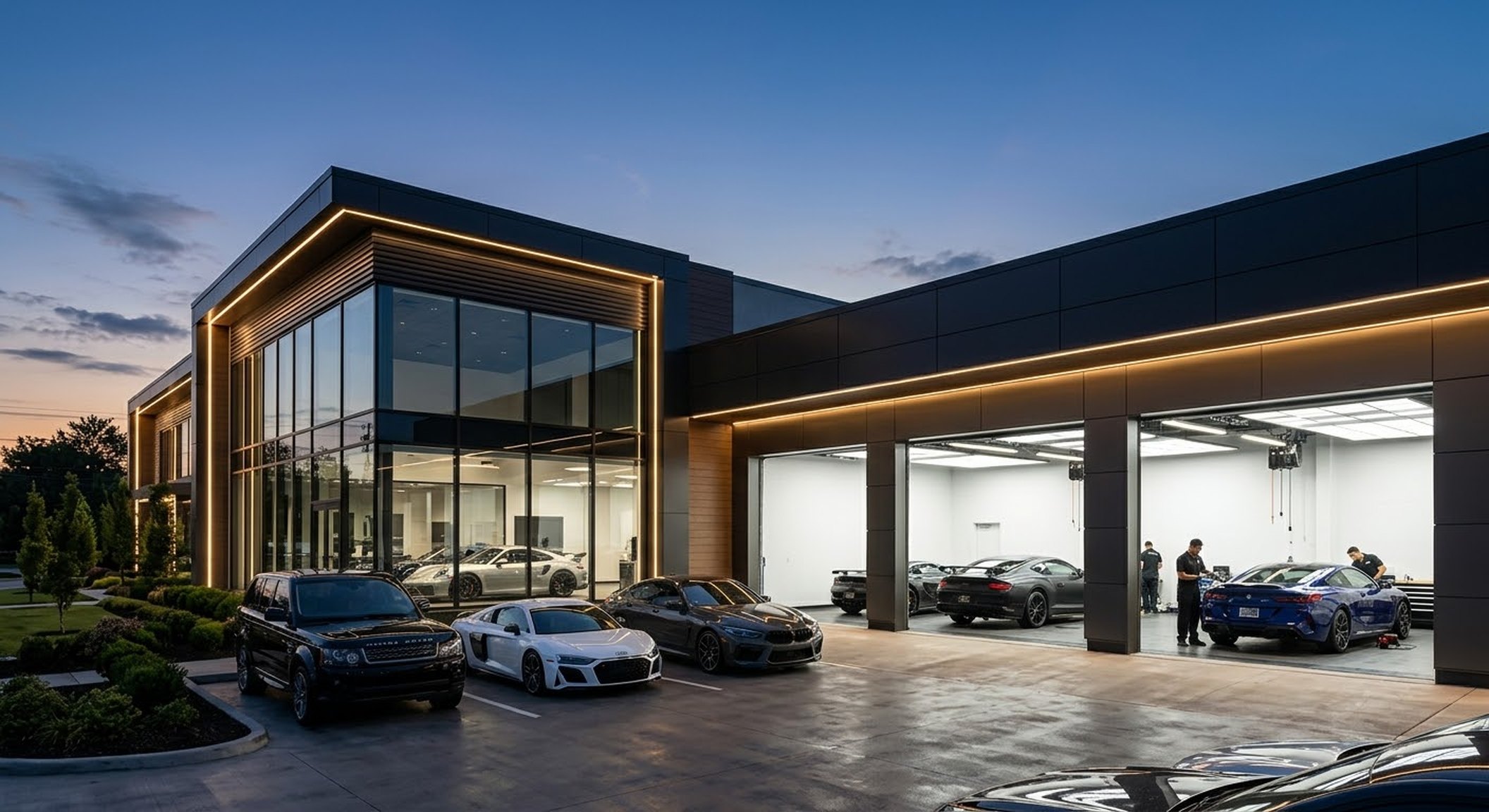 Elite Shine studio and detailing bays at dusk (sample photo)